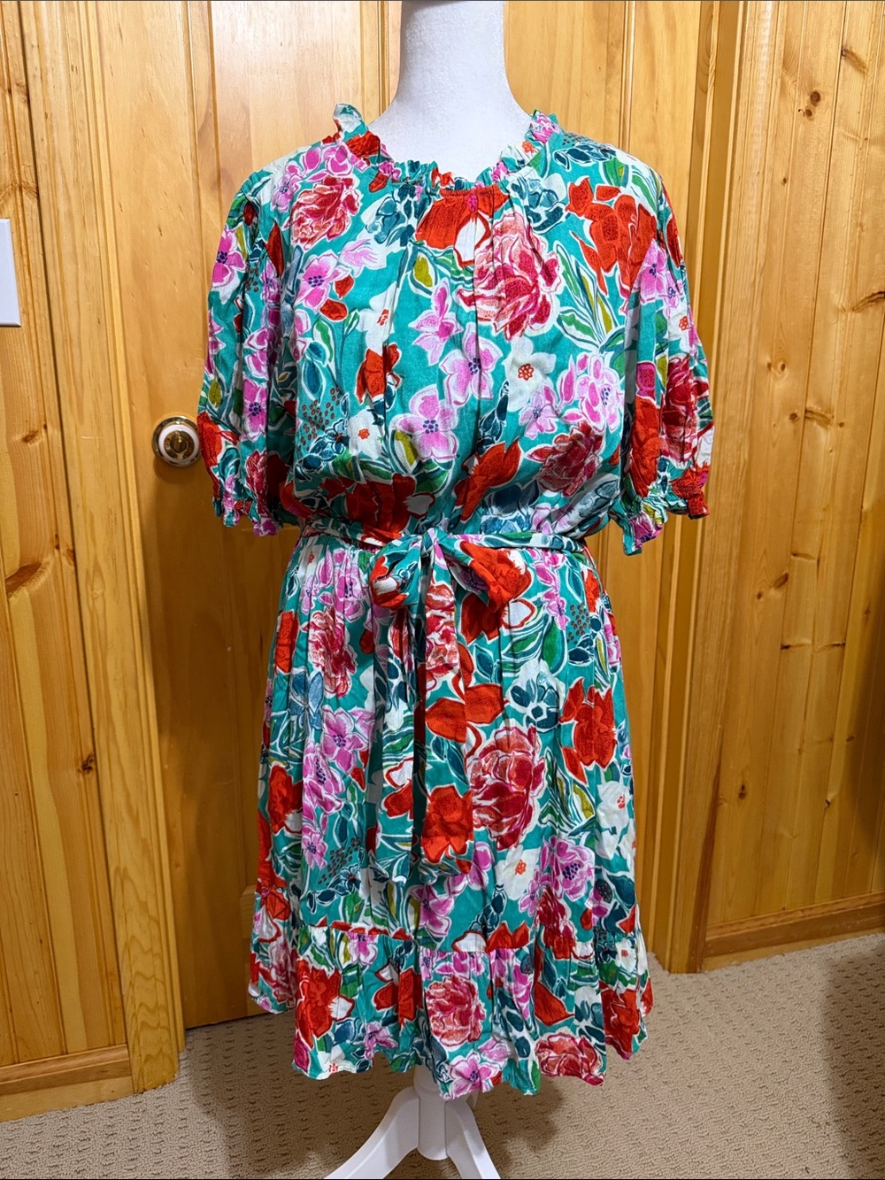 THML Green Floral Dress with Red & Pink Accents, Tie at Waist, Ruffle Trim Large